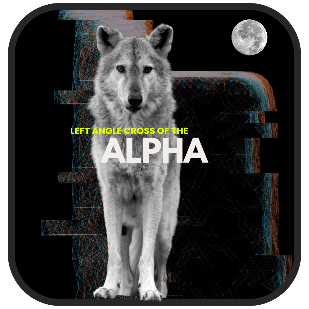 wolf and moon with two-toned title that reads, "the left angle cross of the alpha"