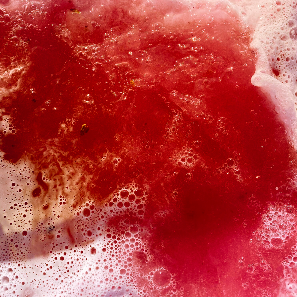 Heart-shaped bath bomb fizzing in rosy red  bath water with rose petals