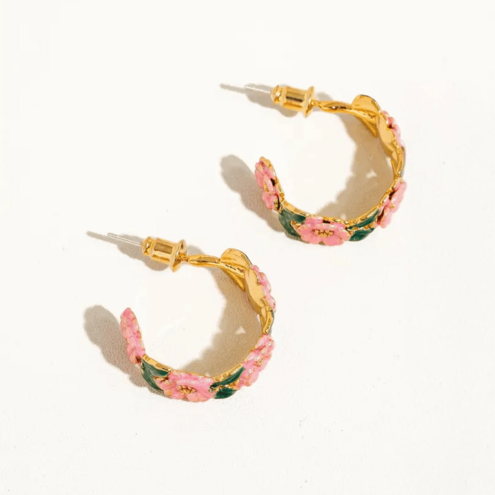 The Persephone Hoops - Pink and Green Floral C-Hoop Earrings
