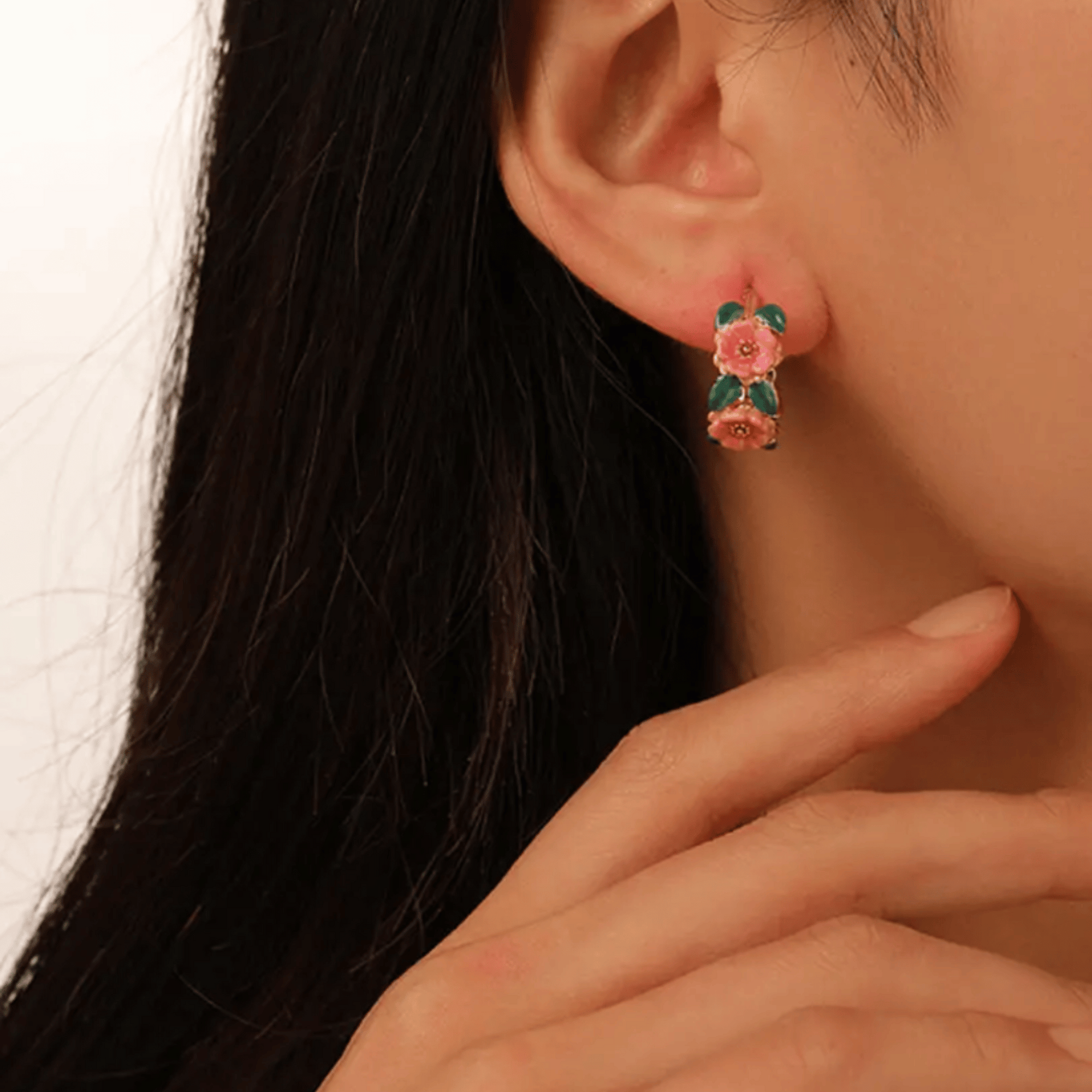 The Persephone Hoops - Pink and Green Floral C-Hoop Earrings