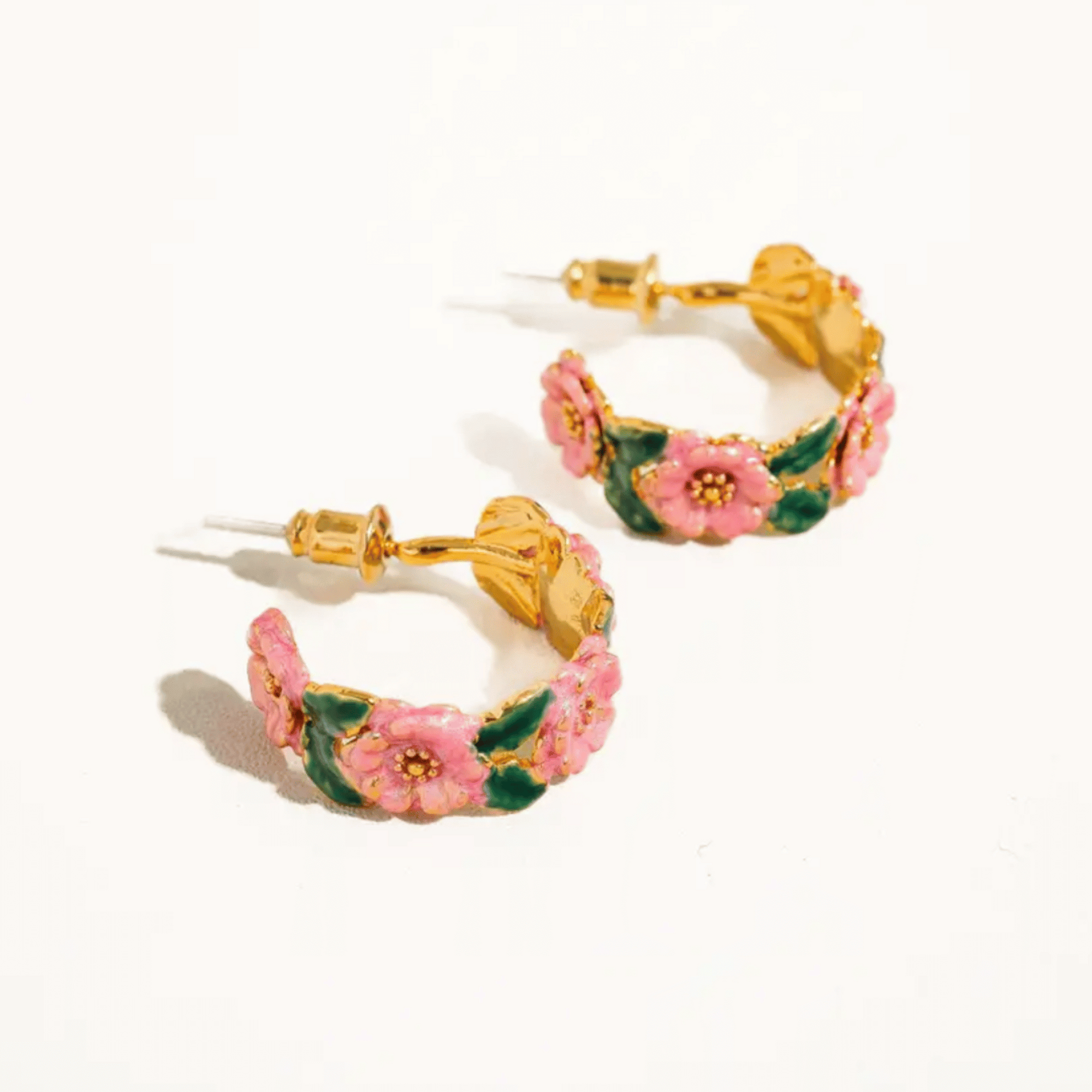 The Persephone Hoops - Pink and Green Floral C-Hoop Earrings