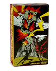 The image features the packaging of the "African Tarot" deck. It displays a striking and vivid illustration of a stylized, fiery tower reminiscent of a traditional African sculpture, with dynamic splashes of color and lightning bolts that enhance its dramatic appeal.