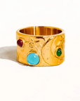 The Asteria Ring - Wide Band Celestial Gold Ring with Multi-Stones