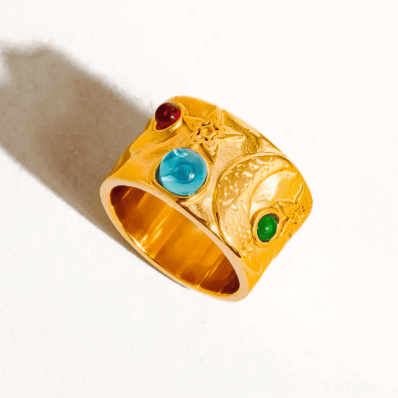 The Asteria Ring - Wide Band Celestial Gold Ring with Multi-Stones