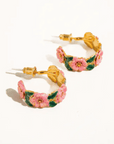 The Persephone Hoops - Pink and Green Floral C-Hoop Earrings